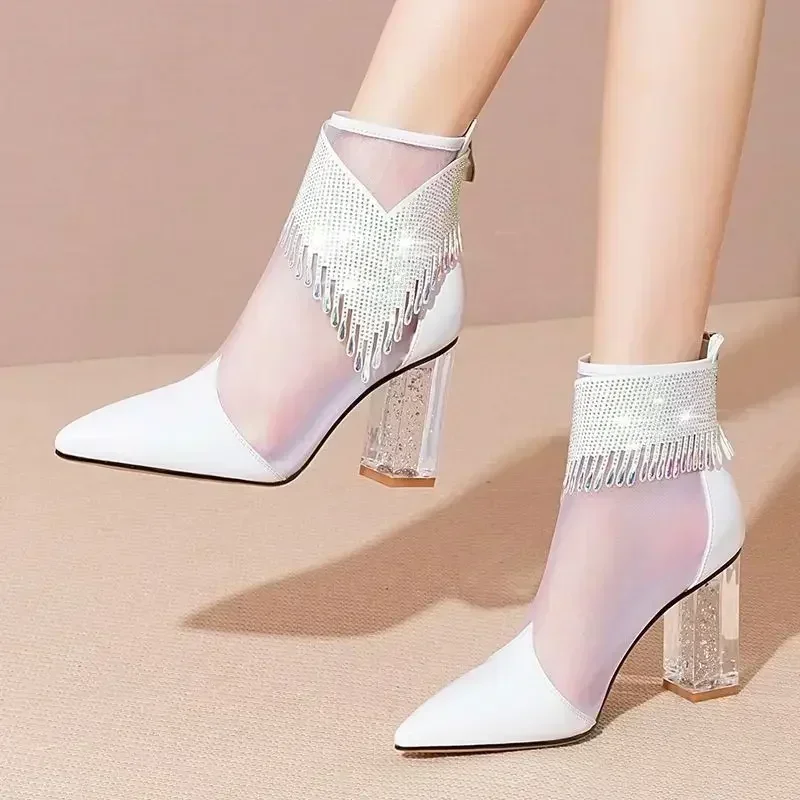 Rubber Soled Dance Boots Women 2024 Summer Pointy Rhine-diamond Tassel High Heel Mesh Latin Jazz Modern Dance Shoes Stage Show