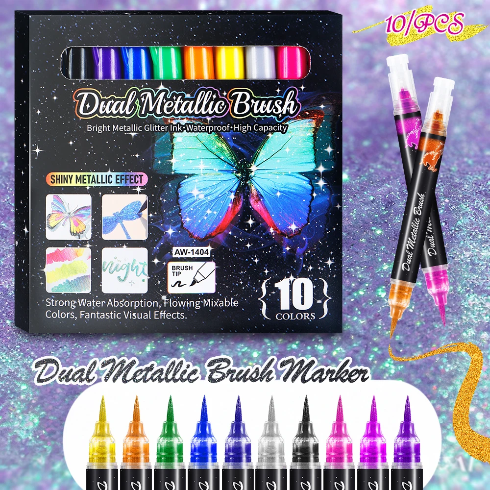 

10 Colors Art Markers With Glitter Highlighter Pens Soft Pen Tips Press To Dispense Ink For Painting Model Coloring Art Supplies