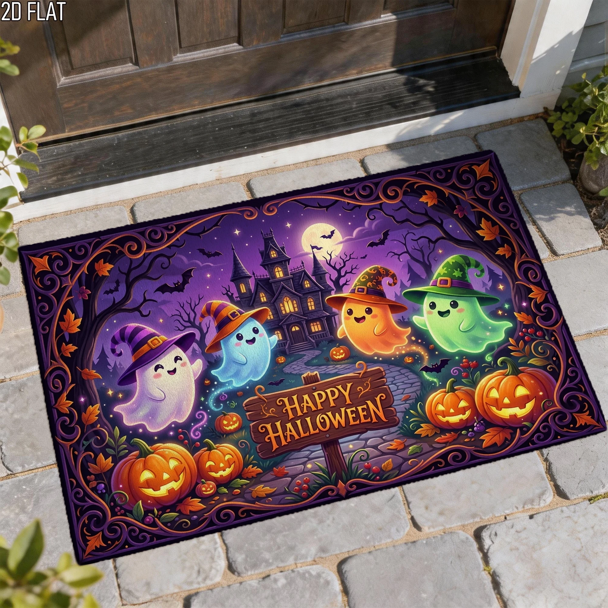 Happy Halloween Doormat Cute Ghost Pumpkin Lantern Castle Entrance Carpet For Front Door Spooky Holiday Party Welcome Floor Mat