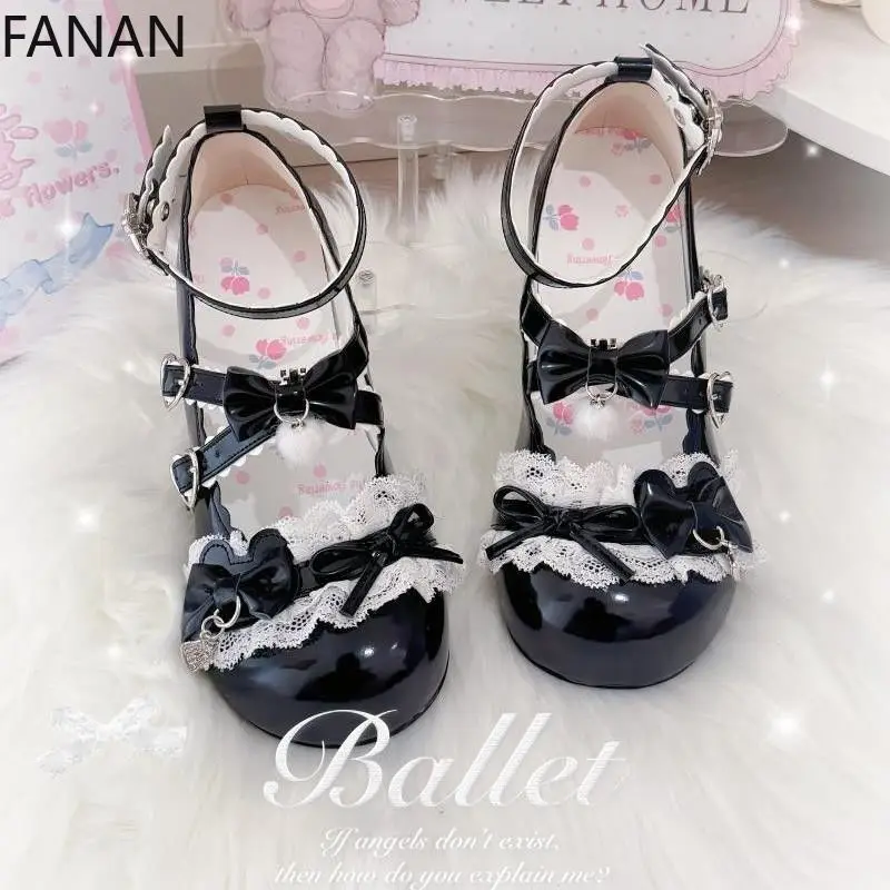 Lolita Kawaii Platform Flats Women's Shoes Sweet Cute Bow Round Head Pink Mid Heels Pumps 2025 Popular Summer Shoes