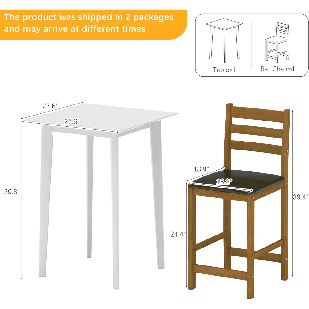 Solid Wood Counter Height Bar Table and 4 Chairs Set, Square High Table for Pub Use