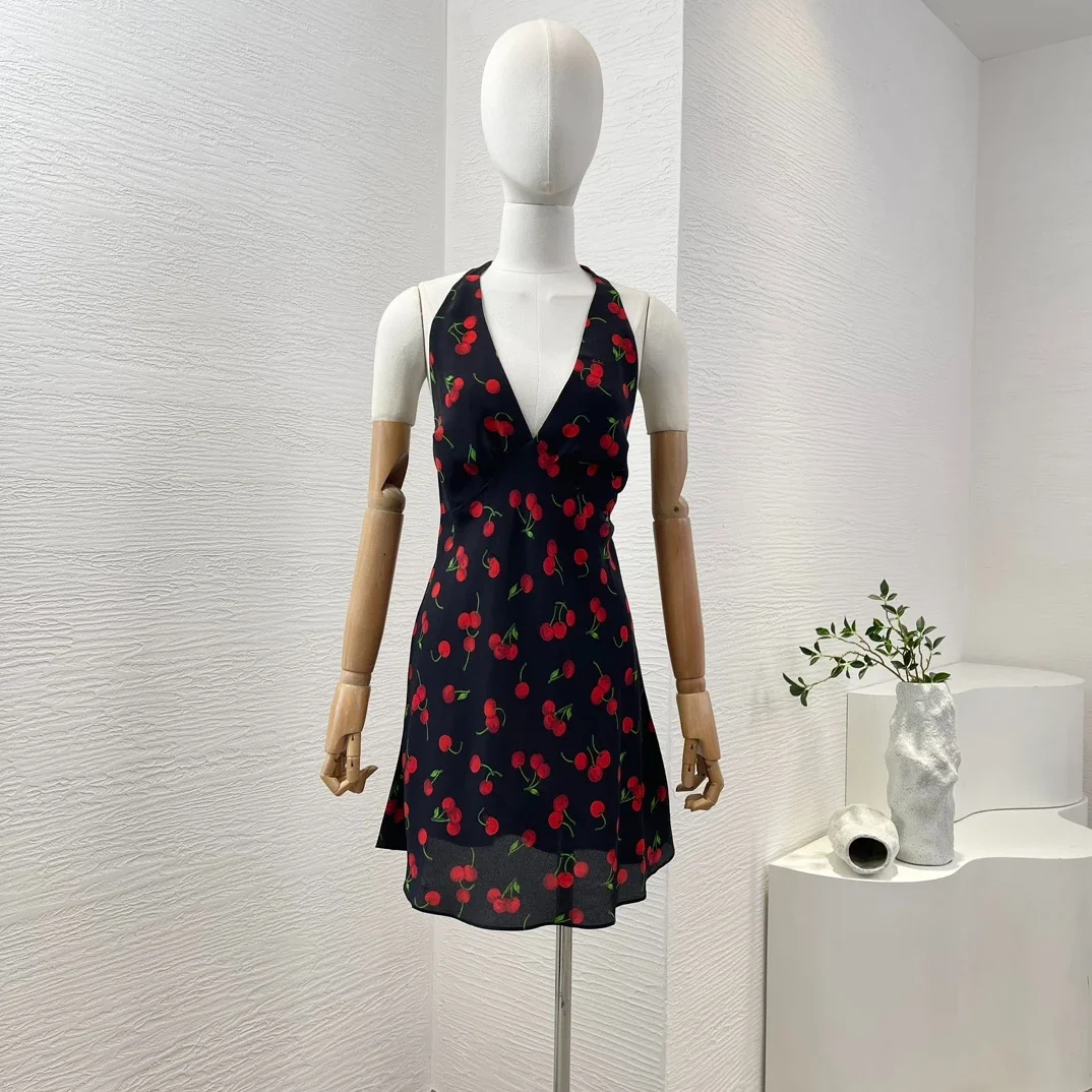 

Black Red Cherry Print Sleeveless Silm Fit Deep V Neck Backless Halter Mini Dress 2024 Women Fashion Clothing