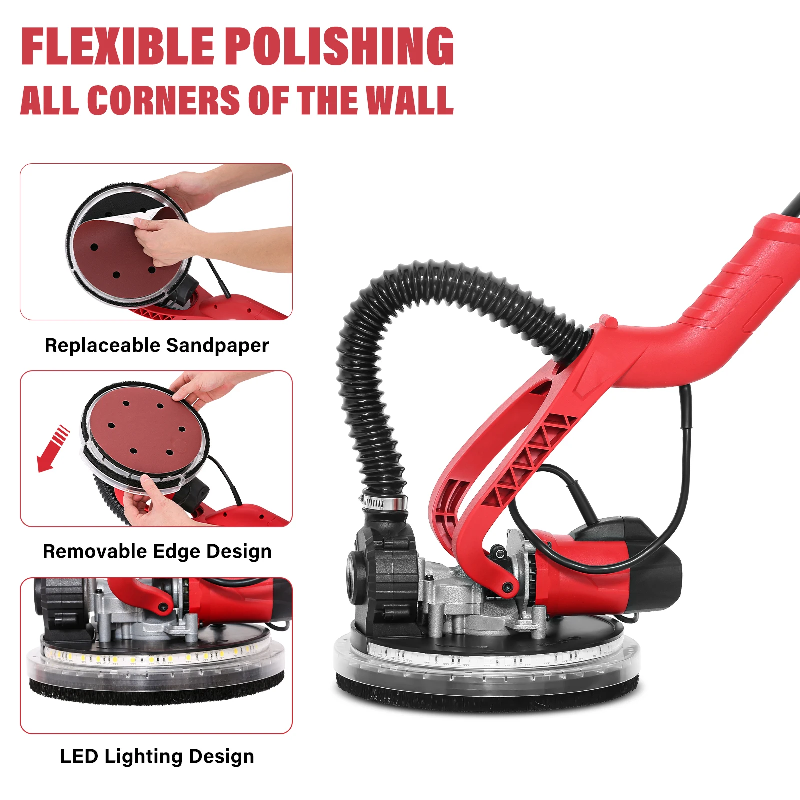 Drywall Sander 750W Wall Sander w 14PCS Sanding Discs 6 Variable Speed 1000-1850RPM Electric Drywall Sander Foldable Handle