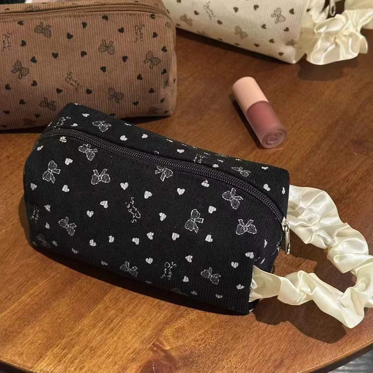 Bow Print Corduroy Makeup Bag, Portable Cosmetic Organizer for Women, New Travel Toiletry Pouch, Lipstick Storage Bag