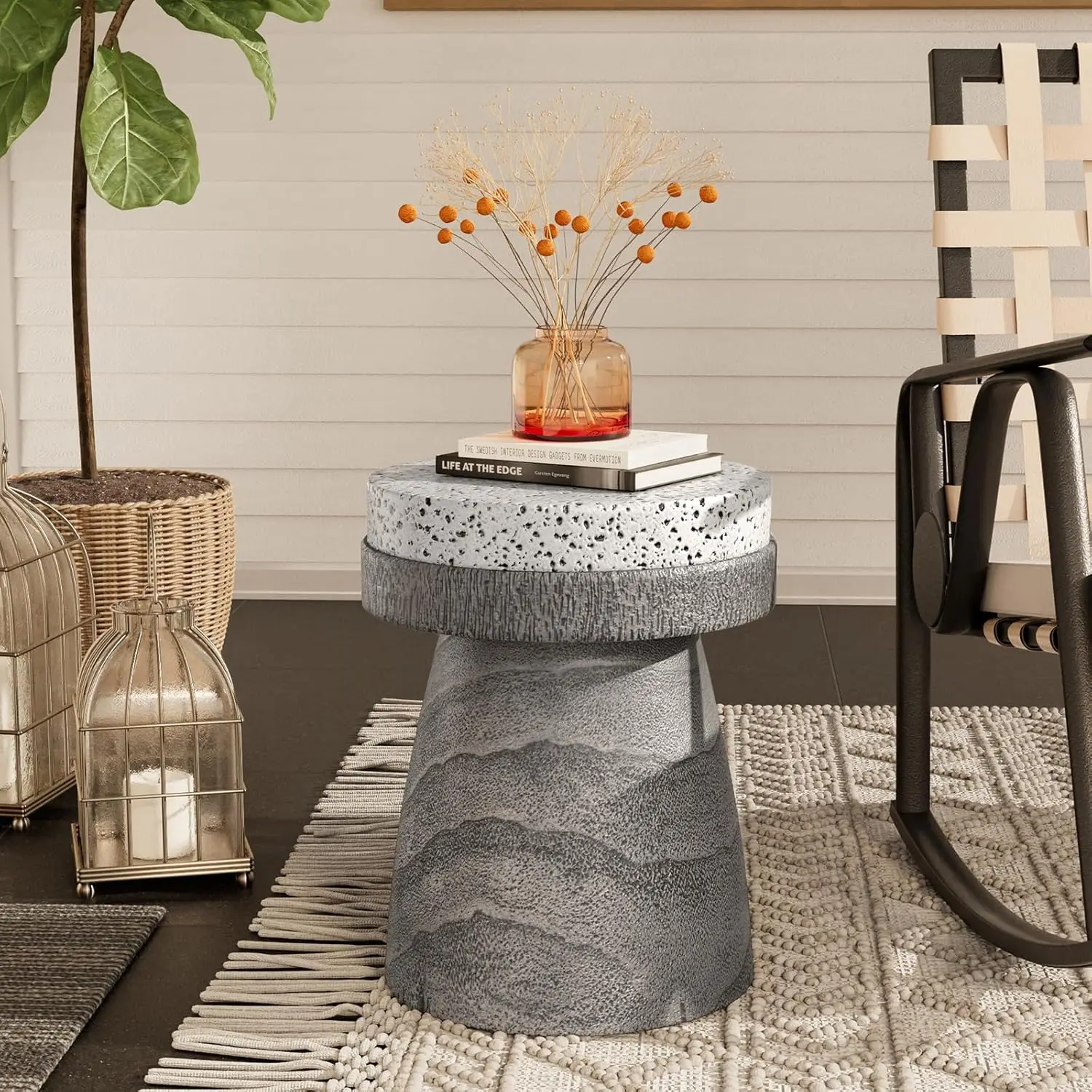 

Outdoor Side Table w Spotted Tabletop, Concrete Side Table, Round Patio Side Table Stool, Lightweight Outdoor Accent Table w