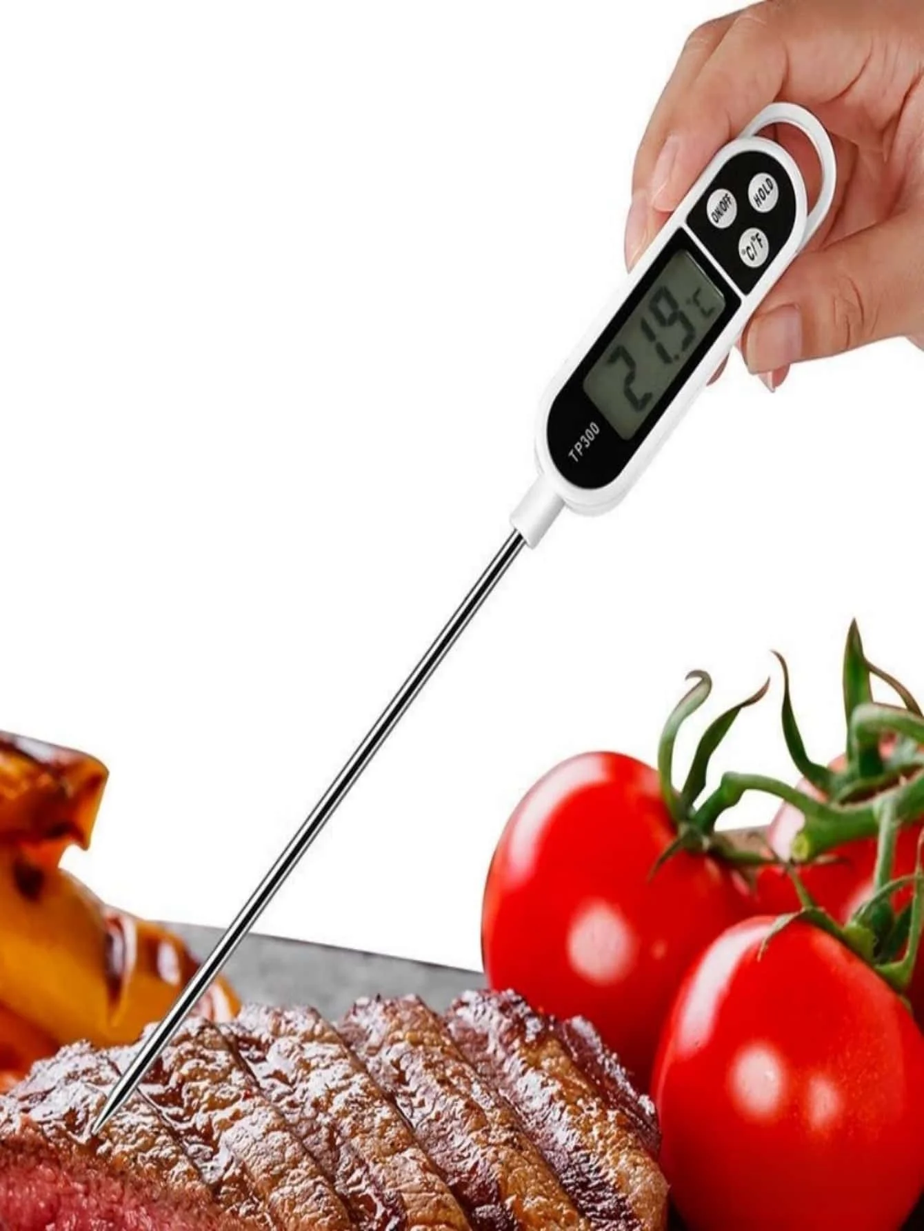 Termómetro digital para alimentos de acero inoxidable con moderna pantalla LCD blanca para medir rápidamente la temperatura, sensor de temperatura de cocina para cocinar/tostar/parrillar/café/carne/leche, 1 unidad