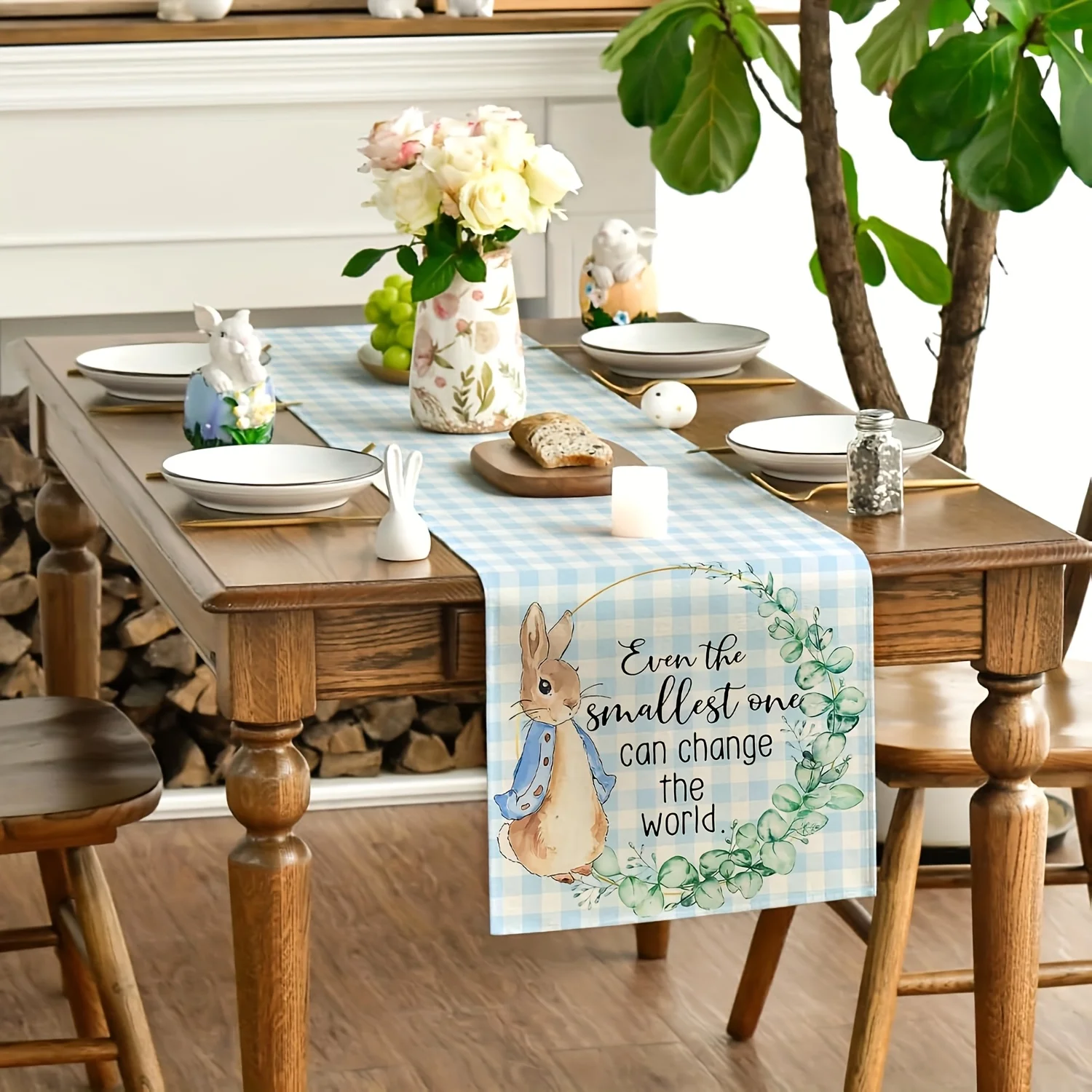 1pc,Linen Easter Table Runner Happy Easter Table Cover Spring Bunny Rabbit Decor Happy Easter Decorations for Home Party