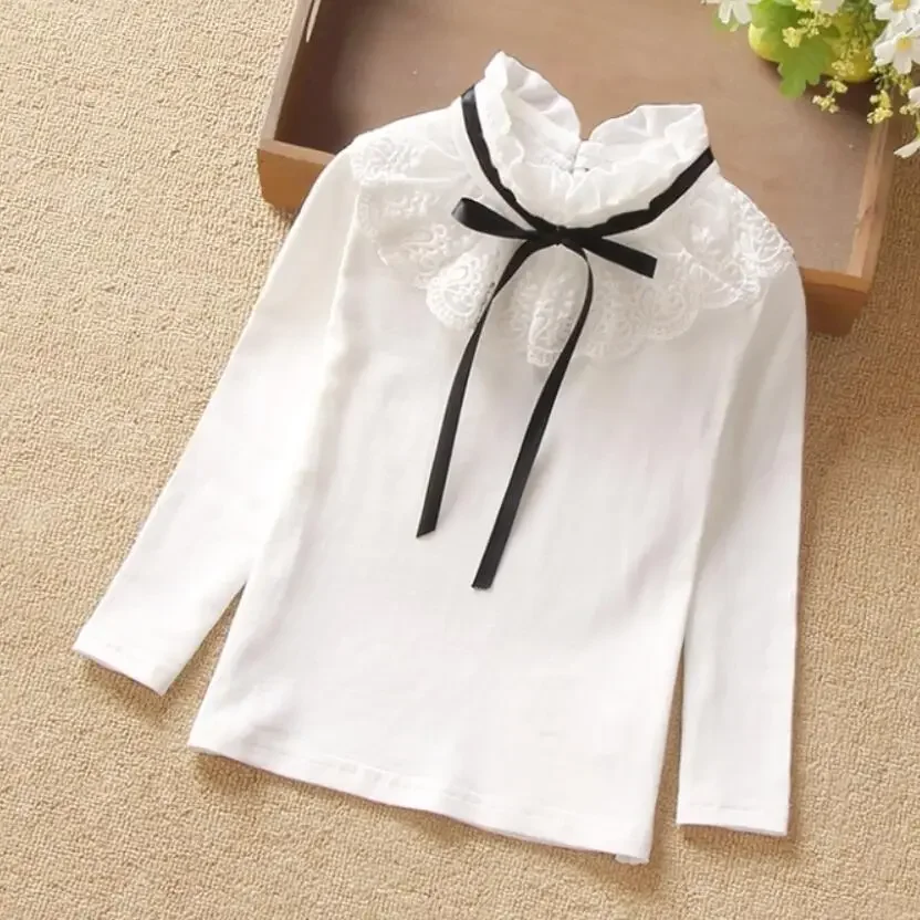 School Girls White Blouse Long Sleeve Lace Shirts Kids Cotton Shirt Baby Toddler Teen Girl Tops Children Clothes 6 8 10 12 Years