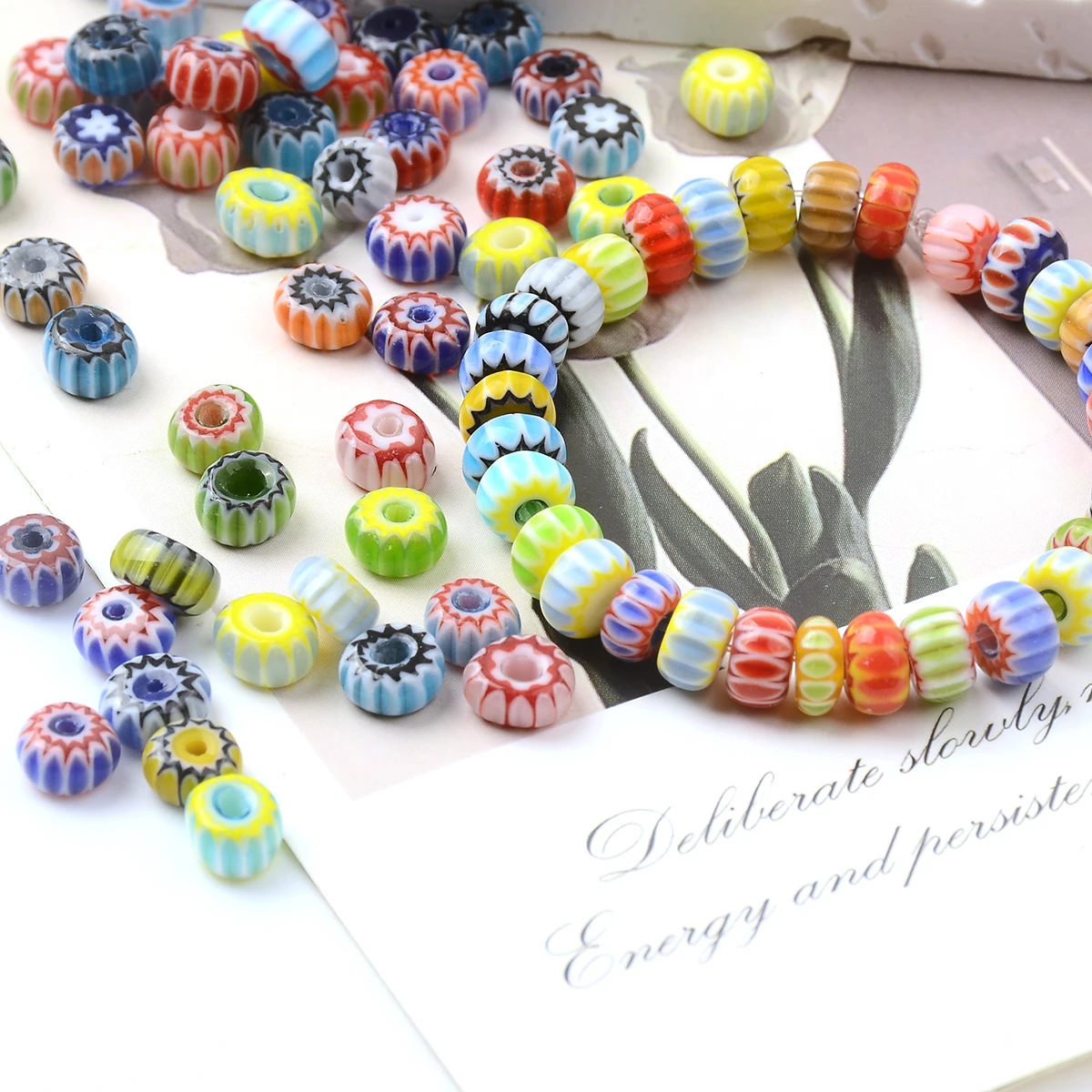 

Mixed Flat Round Flower Glass Beads Loose Lampwork Glazed Beads for DIY Jewelry Making Charms Accessories