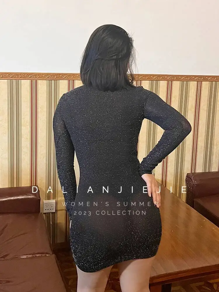 WOMENGAGA Mesh Kant Fonkelende Dot Transparante Dunne Hot Sexy Mini Jurk Lange Zomer Outdoor Dating Tops Fashion Koreaanse 8BCV