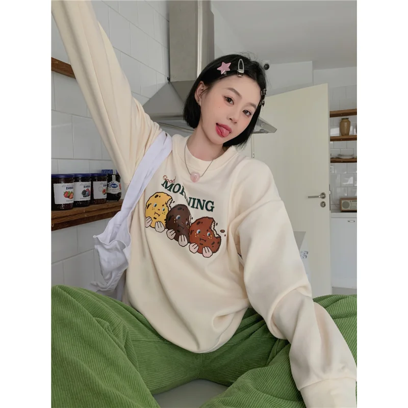 

Apricot Sweatshirt Women Fleece Thicken Round Neck Fashion Cartoon Characters Printing Wind Long Sleeves Female Pullover Top