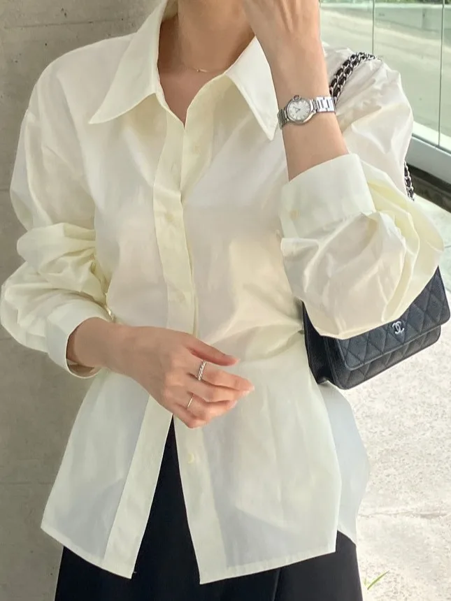 

Chic White Women's irt Early Autumn Waist-Cinching Long Sve Turn-down Collar Versatile Top Trendy Korean Sle Regular Fit