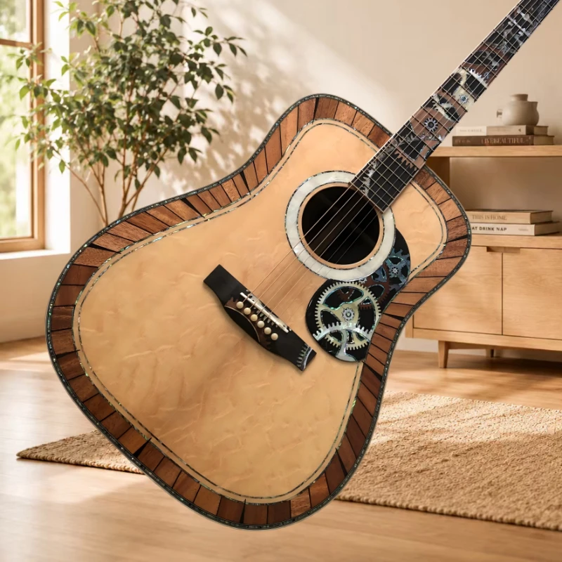 D Type 200 Steampunk Gear Inlay Acoustic Guitar Bearclaw Spruce Top with Abalone Binding for Folk & Fingerstyle Free Shipping