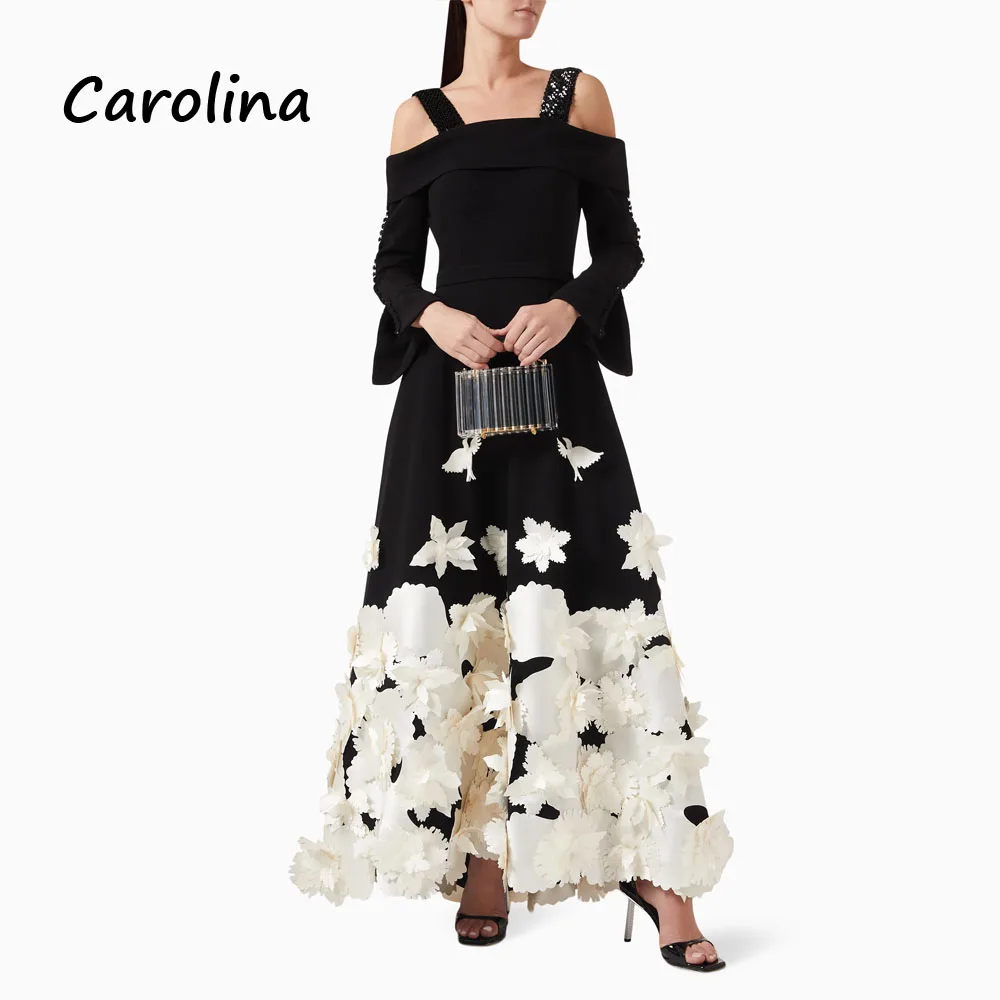 

Carolina Black Strapless Appliques A-LINE Evening Dress Saudi Arabia 2024 Slim Crepe Long Sleeve Ankle-Length Prom Dress