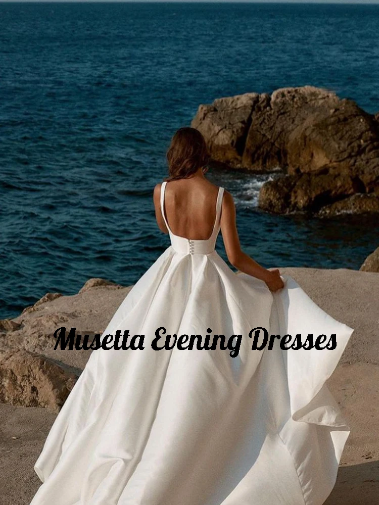 Musetta Morden Satin A-Line Wedding Dresses Sexy V-Neck Sleeveless Slit Bridal Gowns Backless Train Vestidos De Novia Cutomized