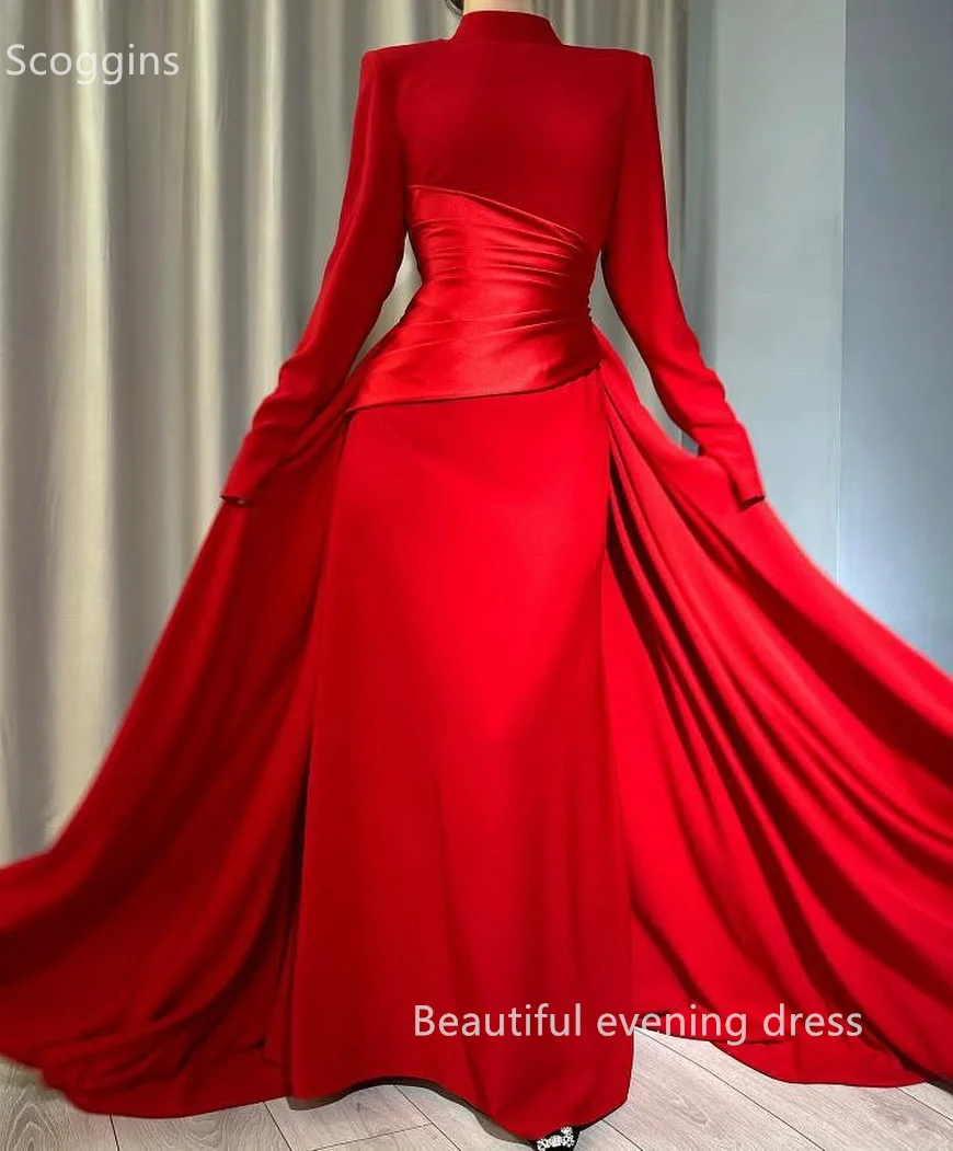 Scoggins Red A-Linescoop Neckline Floor-Length Zipper Up Evening Dresses Long Sleeves Vestidos De Festa Elegant Party Dresses