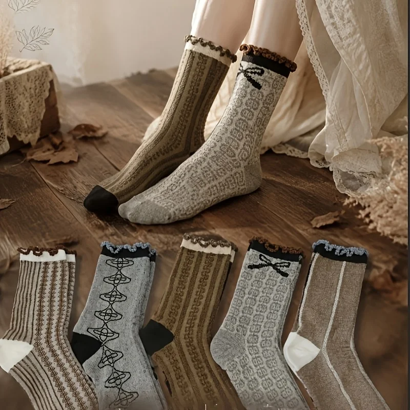 5-pairs Women's Multi-Color Vintage British Style Mid-Calf Socks, Autumn/Winter Vintage Ruffle Cuffed Socks, Long Socks