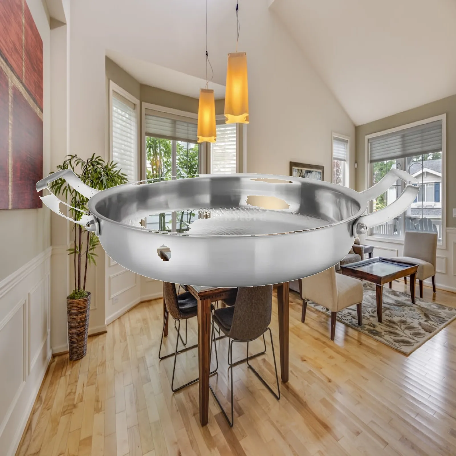 Stainless Steel Frying Pan with Hammered Leaf Pattern Tri Ply Bottom Uncoated Cooking Surface for Versatile Kitchen Sautéing