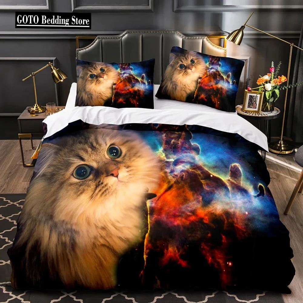 

Comforter Bedding Sets for Double Size Galactic Cosmic 3d Cat Duvet Cover Bed Linen 2 Bedrooms for Boy Teen Girls Pink, Purple