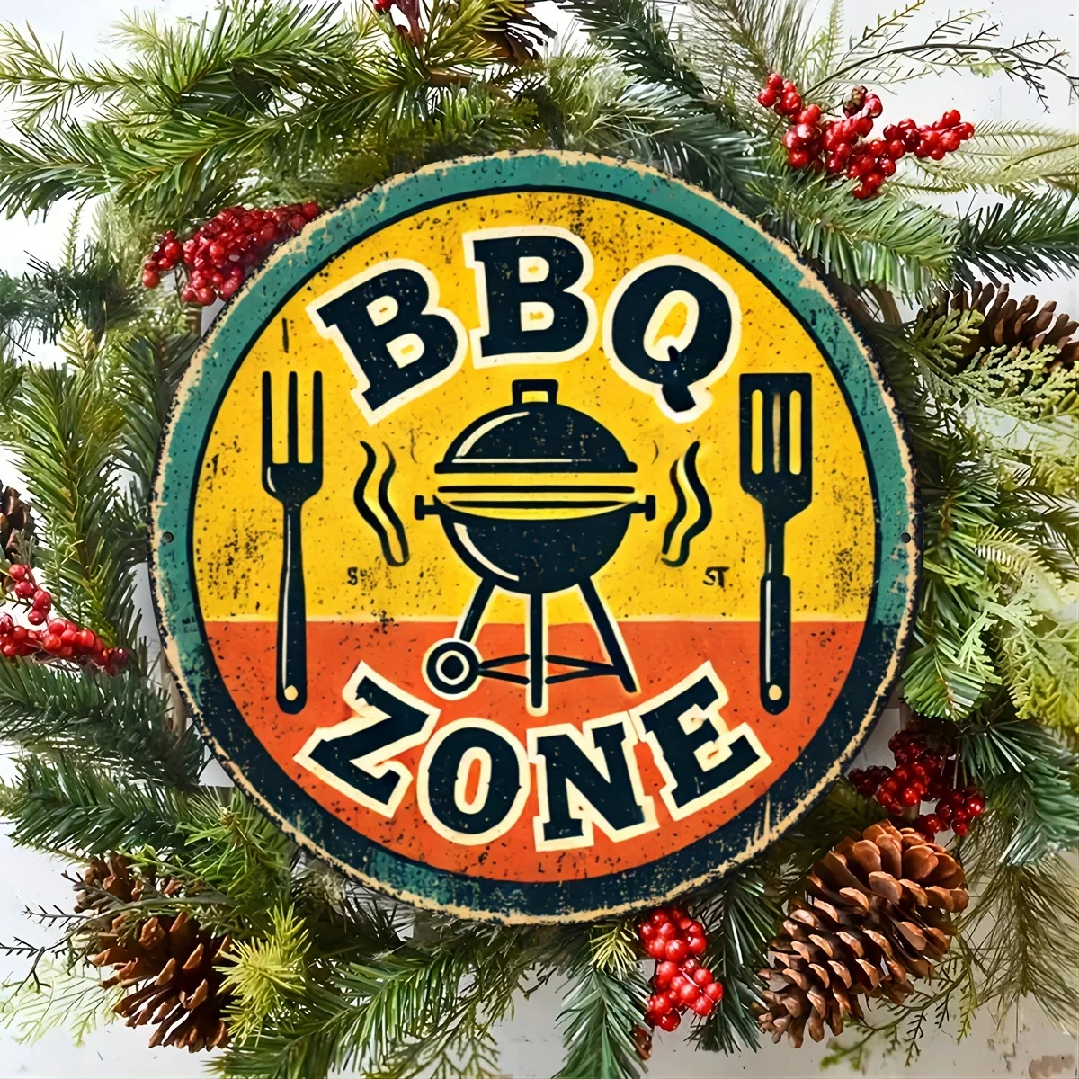 Vintage Bbq Area Metal Mural Signage—Designed by Vintage Bbq Masters, Featuring a Grill and Utensils, Durable Aluminum in Rustic Kitchen Decor Style