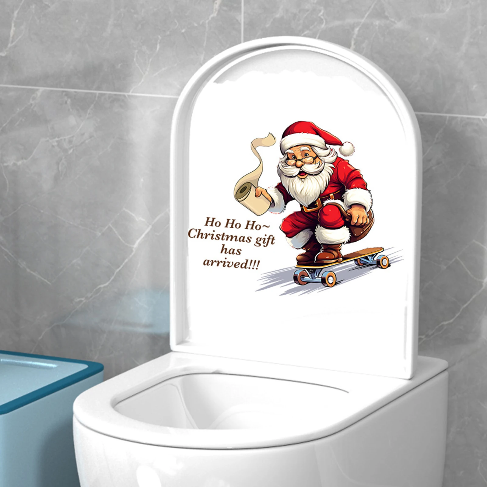 Christmas Toilet Stickers Funny Santa on Skateboard Decals Toilet Seat Stickers for Bathroom Toilet Kitchen