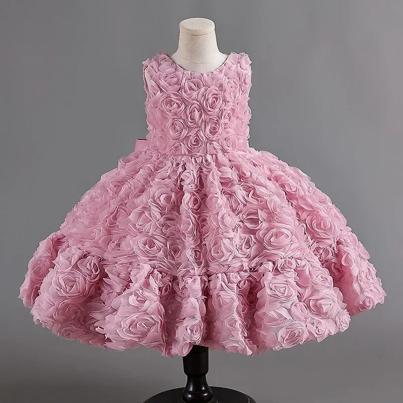 

Girls' 2024 New Baby Rose Blossom Princess Dress Children's Bow Fashion Puffy Dress Banquet Performance Show Dress