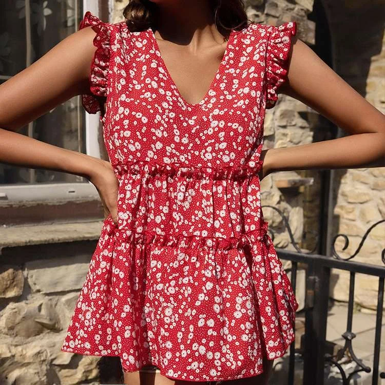 新しい夏の花柄シャツ甘いレジャー休暇スタイルの女性のドレスポリエステル繊維 00% 半袖プリントパターン