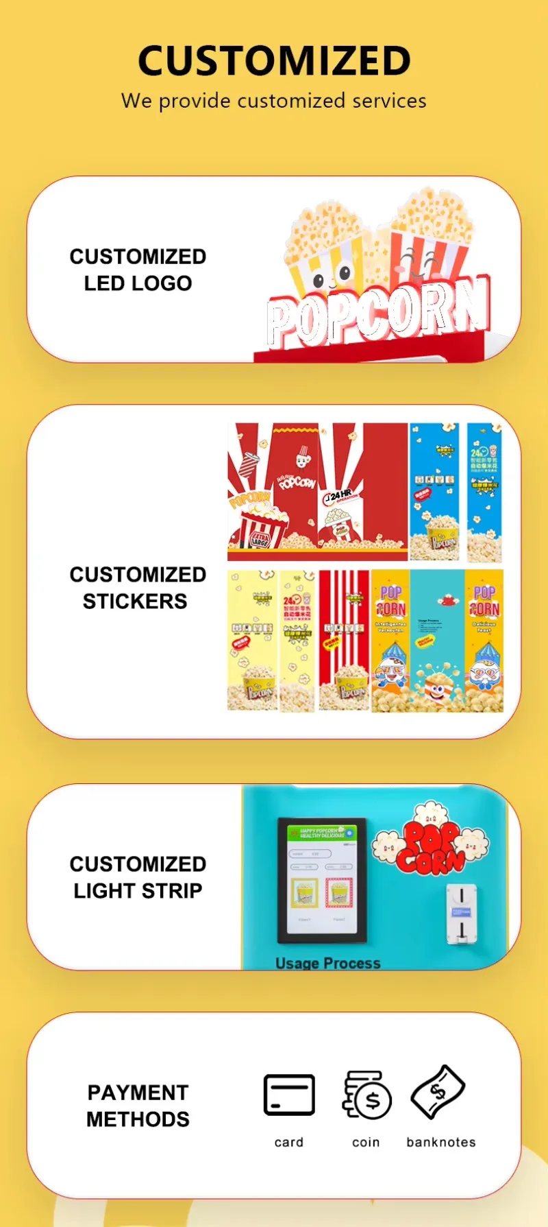 Popcorn Machine Vending Automatic Popcorn Maker Coin Operated Snack Dispenser for Cinema Mall Smart Customized