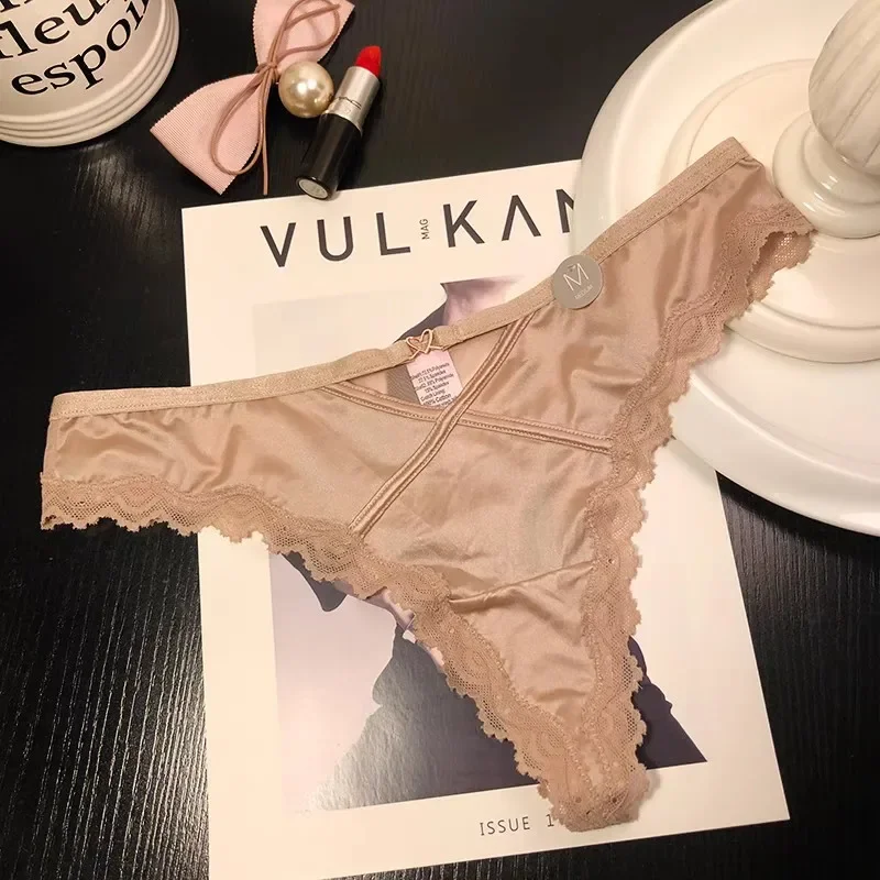 French Satin Sexy Women\'s Thongs Temptation Lace Embroidery Hollowed Panties Soft Thin Cotton Crotch Breathable Briefs Lingerie