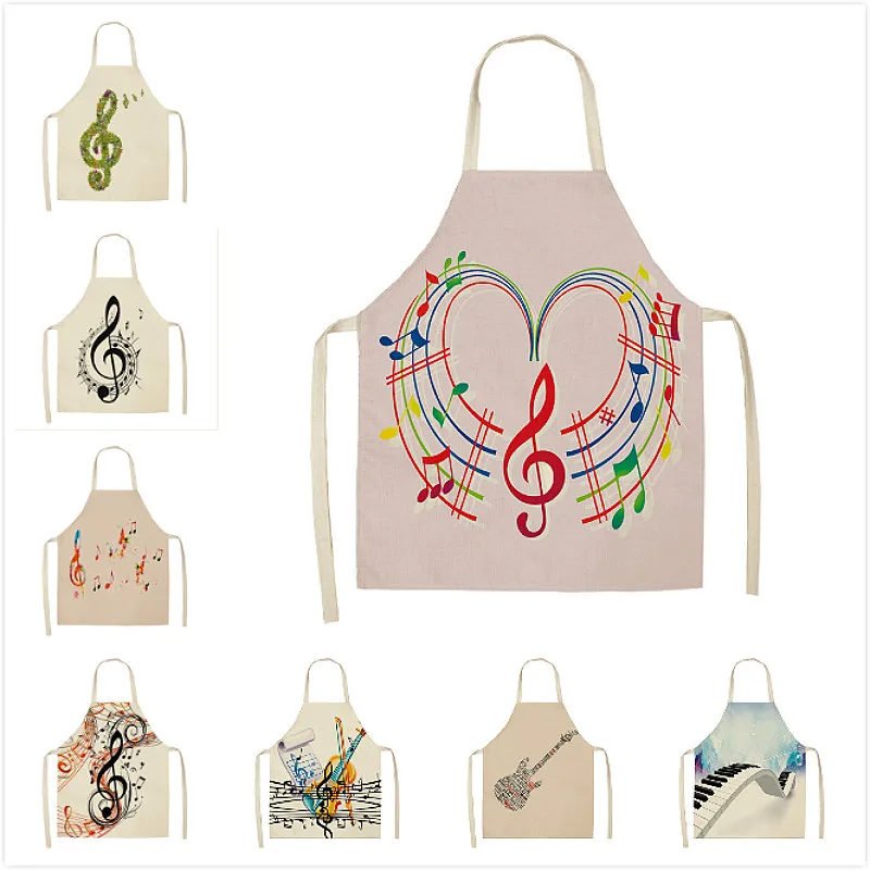 Musicial Note Guitar Piano Kitchen Aprons Women Cotton Linen Bibs Household Cleaning Home Cooking Apron Delantal Cocina Tablier