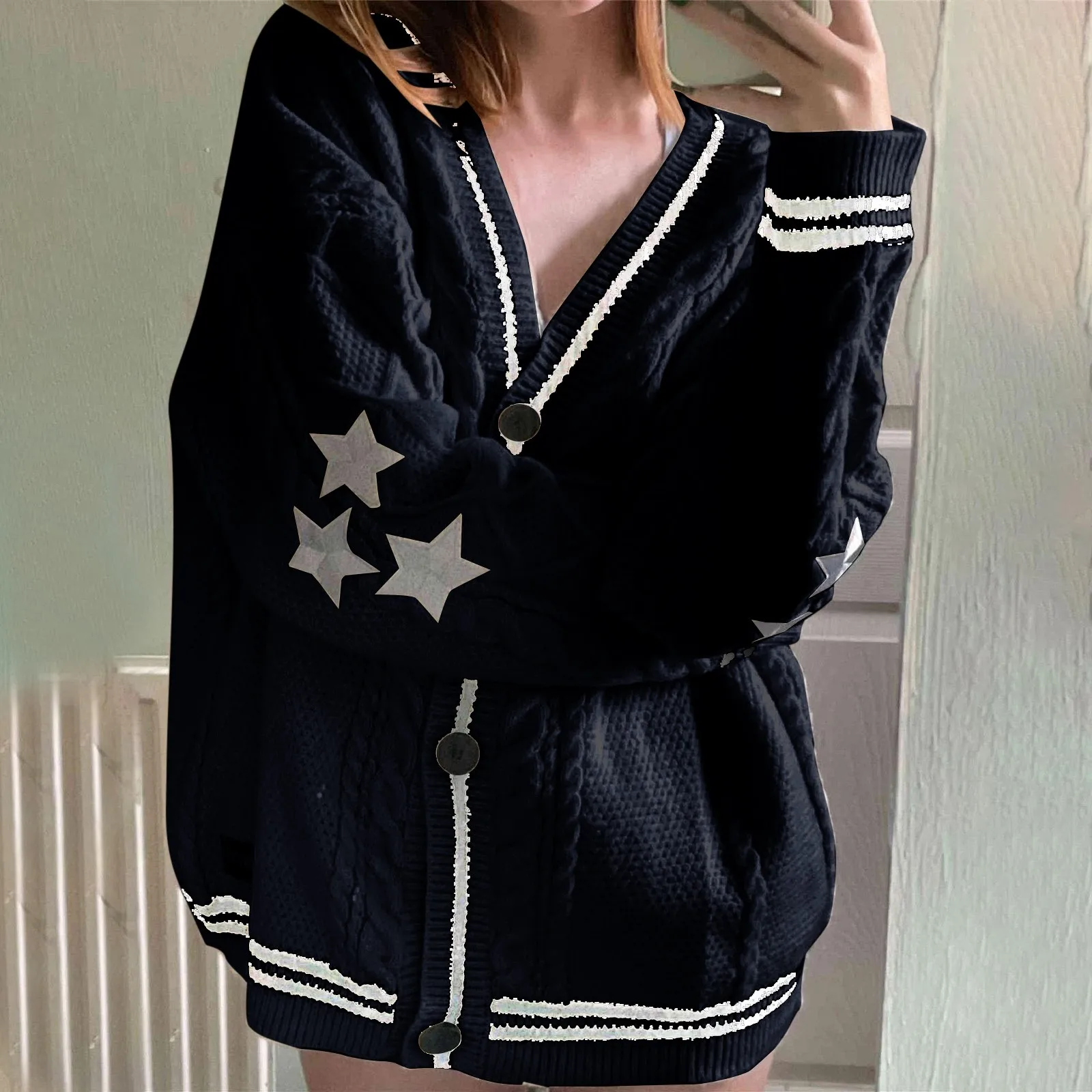 Vintage Embroidery Star Loose Sweaters for Women Long Sleeve Single Breasted Oversize Knitted Cardigans Taylor Long Sleeve Top