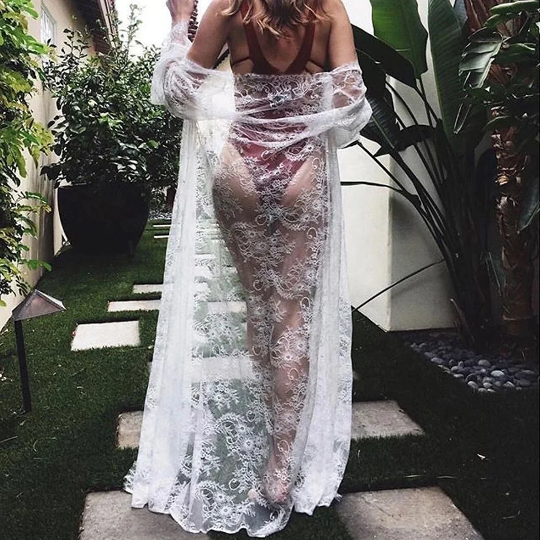 Long Lace Beach Cover Up Women Bikini Cover Up Dress Sun Protection Robe Swimsuit Cardigan Beachwear Summer Clothing
