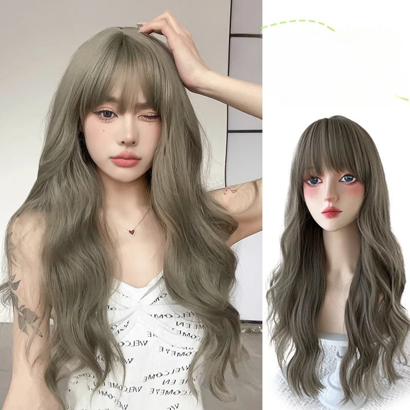 Wig Long water Wave Cold brown with Bangs Cosplay Silky Wig for Women Daily Party Natural Soft Synthetic Hair Heat Resistant 여장