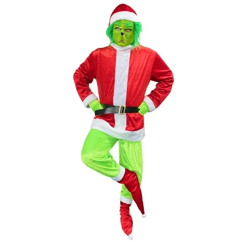 

qwerrtyuio. 123456 Костюм Санта-Клауса для косплея Grinch, зеленое праздничное платье с волосатыми монстрами, рождественские топы, брюки, шляпа, перчатки, обувьasdffghjk 98