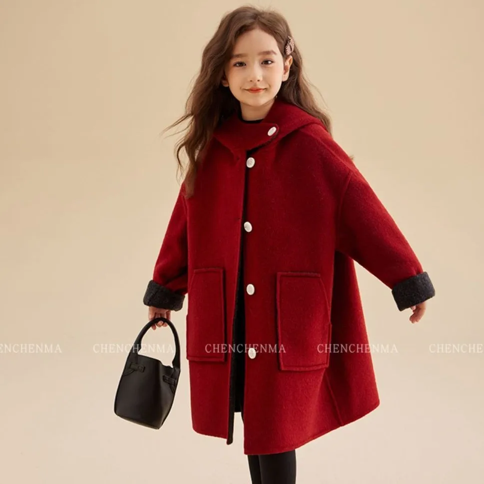 

Двустороннее шерстяное пальто для девочек 110-170 см, новое однобортное длинное детское пальто с капюшоном на осень/зиму