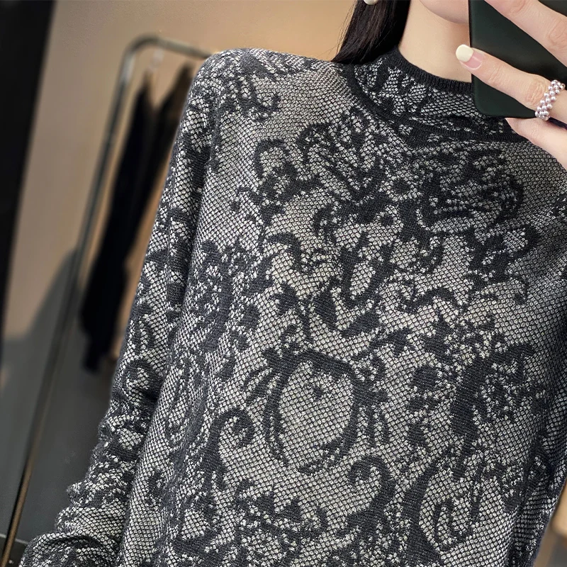 Spring/Summer Hollow Out Pure Wool Knitted Sweater T-shirt Women's Thin Fashion Long Sleeve Half High Neck Elegant and UniqueTop