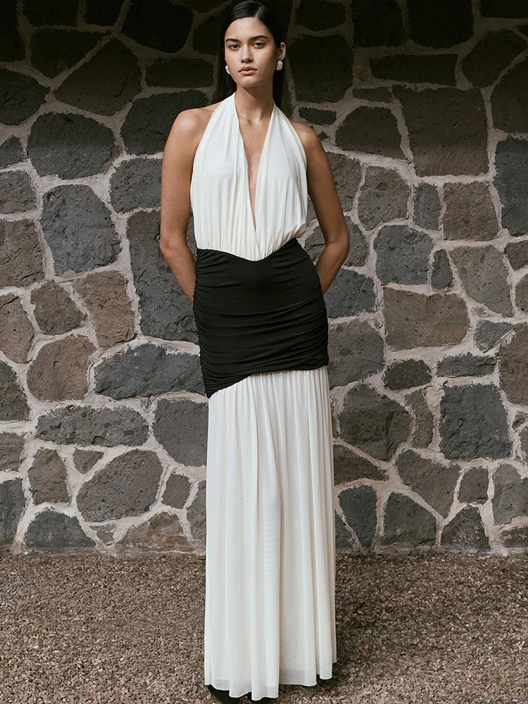 JULISSA MO Patchwork Sexy escote en V profundo Halter mujeres Maxi vestido blanco sin espalda vestido de cintura alta otoño ajustado elegante fiesta Clubwear