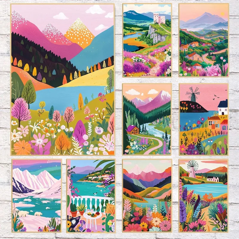 نابضة بالحياة شرفة فناء بحيرة الأزهار عرض المشارك الملونة طبيعة المشهد قماش اللوحة بوهو جدار الفن لغرفة المعيشة ديكور المنزل #1