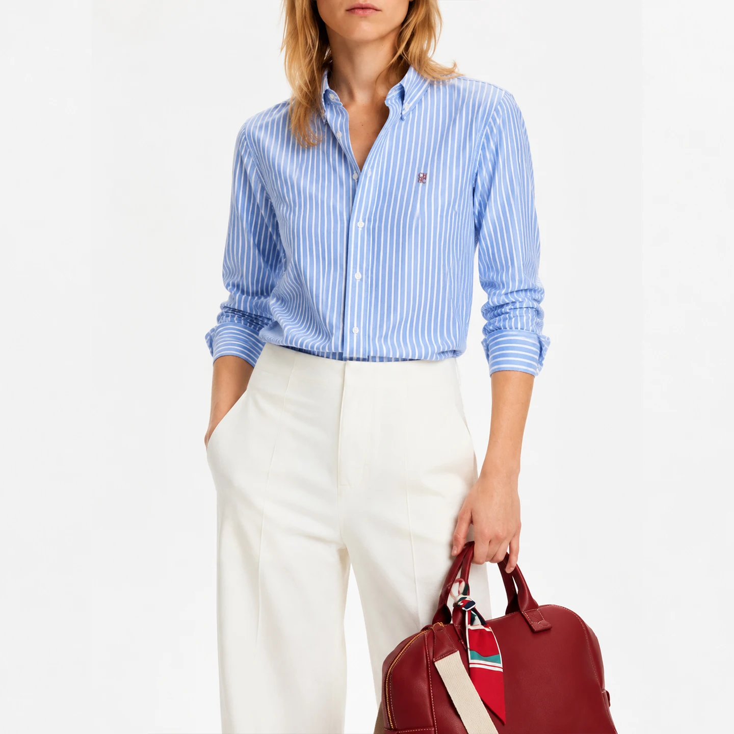 CH Damen Blau-Weiß Gestreiftes Hemd Langarm Daunenbluse Lässige Büro-Damen-Oberteile Modisches Slim-Fit Business-Arbeitshemd – Detail 3