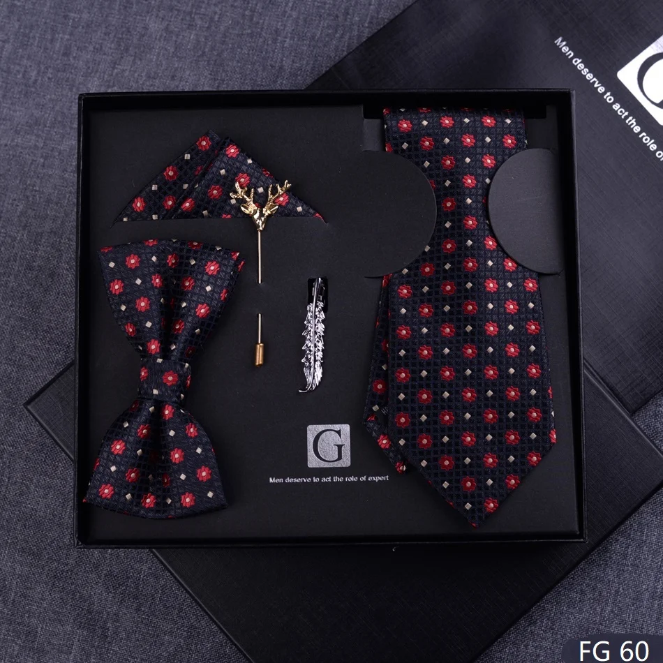 High Quality Men's Gift Box 7CM Tie+Bow Tie+Pocket Towel+Tie Towel+Brooch Formal Shirt Accessories as a gift For Boyfriend