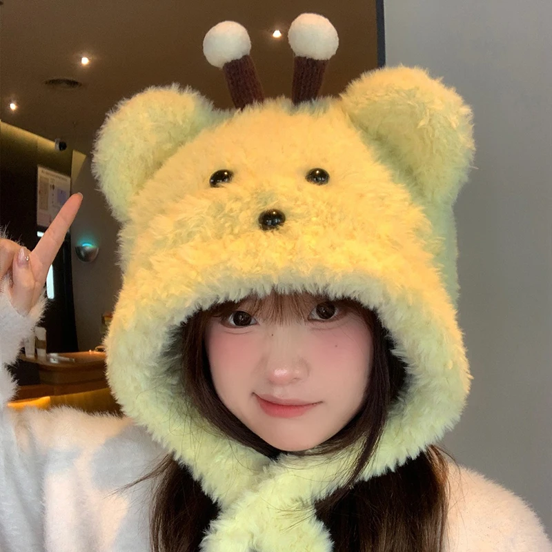

New Fashion Furry Cute Bee Little Bear Ear Lei Feng Hat Women's Thickened Knitted Caps Winter Warmth Ear Protection Funny Hats