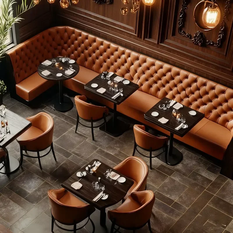 Industrial Retro Curved Cafe Bistro Table and Chair Set Coffee Shop Furniture Wood Leather Sofa Booth Seating for Restaurant