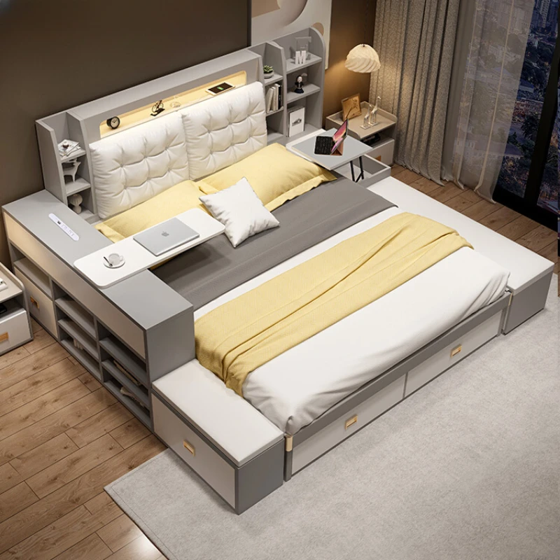 

Queen Bedroom Bed frame Under Storage High End Luxury White Double Bed frame Salon Multifunctional Cama Casal Room Furniture