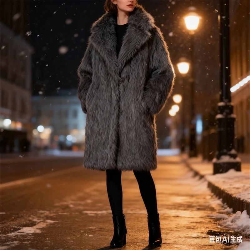 

Women's Oversized Faux Fur Long Coat - Soft Fluffy Fabric, Lapel Collar, Trendy Grey/Black Styles, Perfect for Winter"