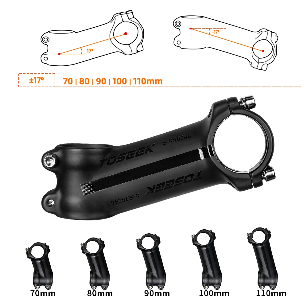 TOSEEK-Ultralight Aluminum Bike Handlebar Stem, MTB Stem, Power MTB, 31.8mm, 6 Degree, 17 Degree, 50mm-120mm,Lightweight