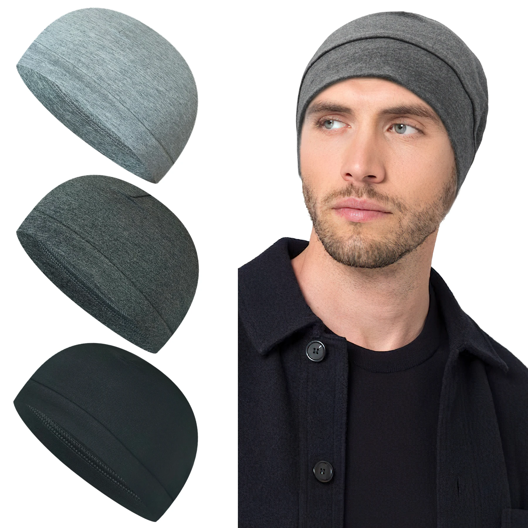 

3-Pack Unisex Skull Caps: Cotton or 75% Nylon/25% Spandex Beanies | Sweat-Wicking Lightweight for Running, Cycling, Sleep | Mult