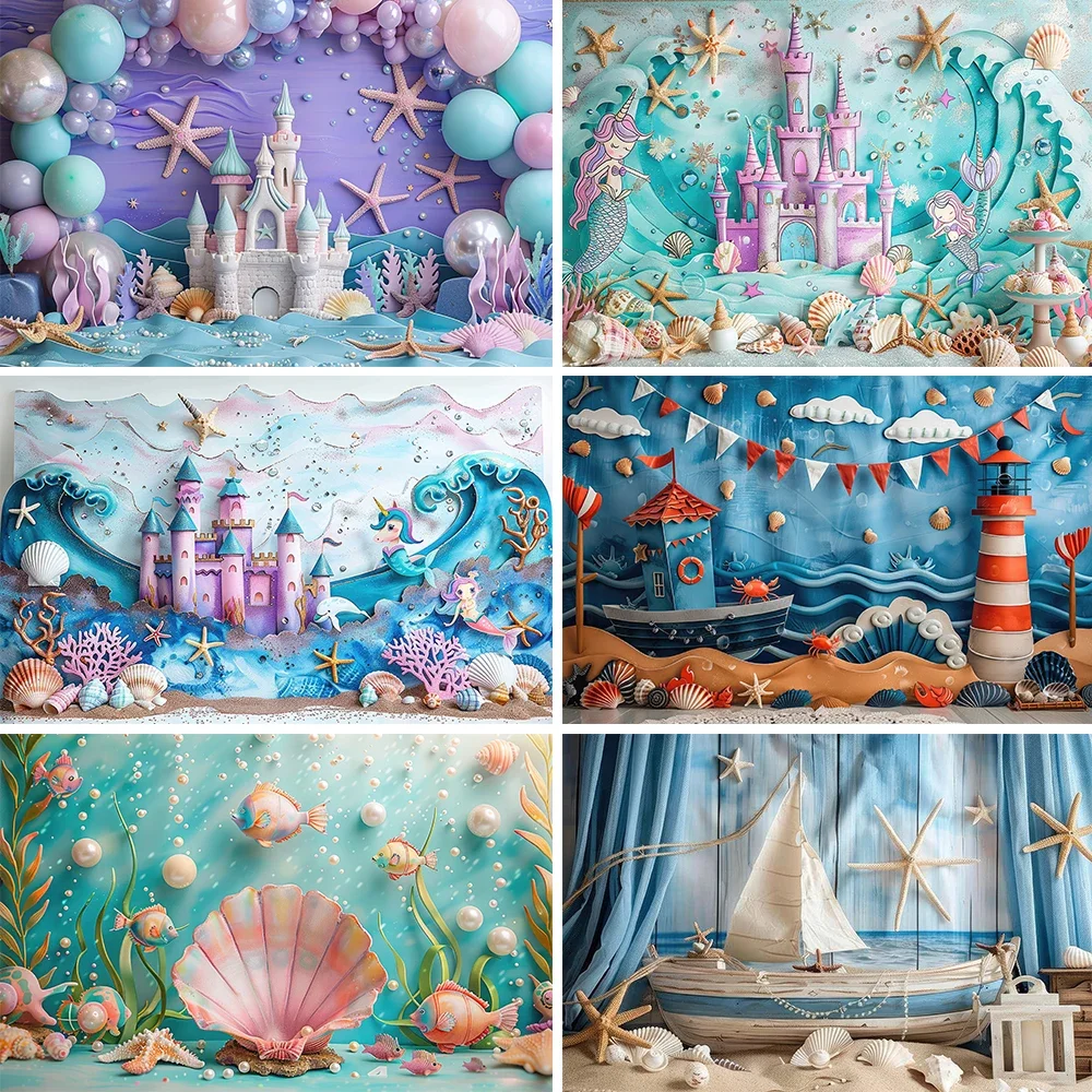 

Photography Background Birthday Party Cake Smash Baby Shower Mermaid Castle Ocean Theme Decor Backdrop Photo Studio