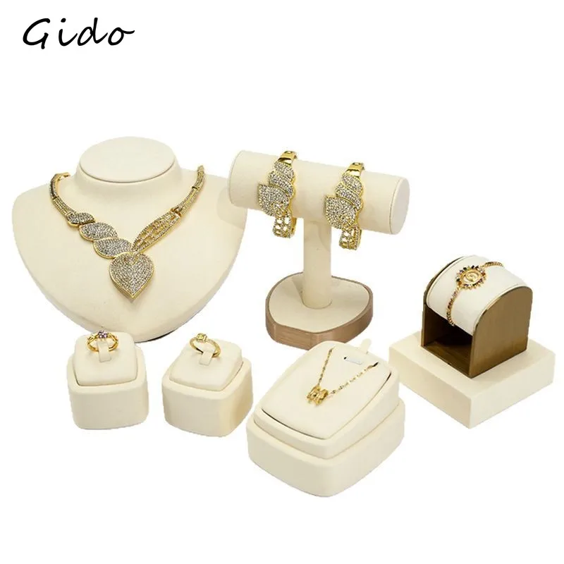 

Tiered Jewelry Display Stand Beige Faux Leather Elegant Ring Necklace Bracelet Holder for Live Stream Store Window Showcase