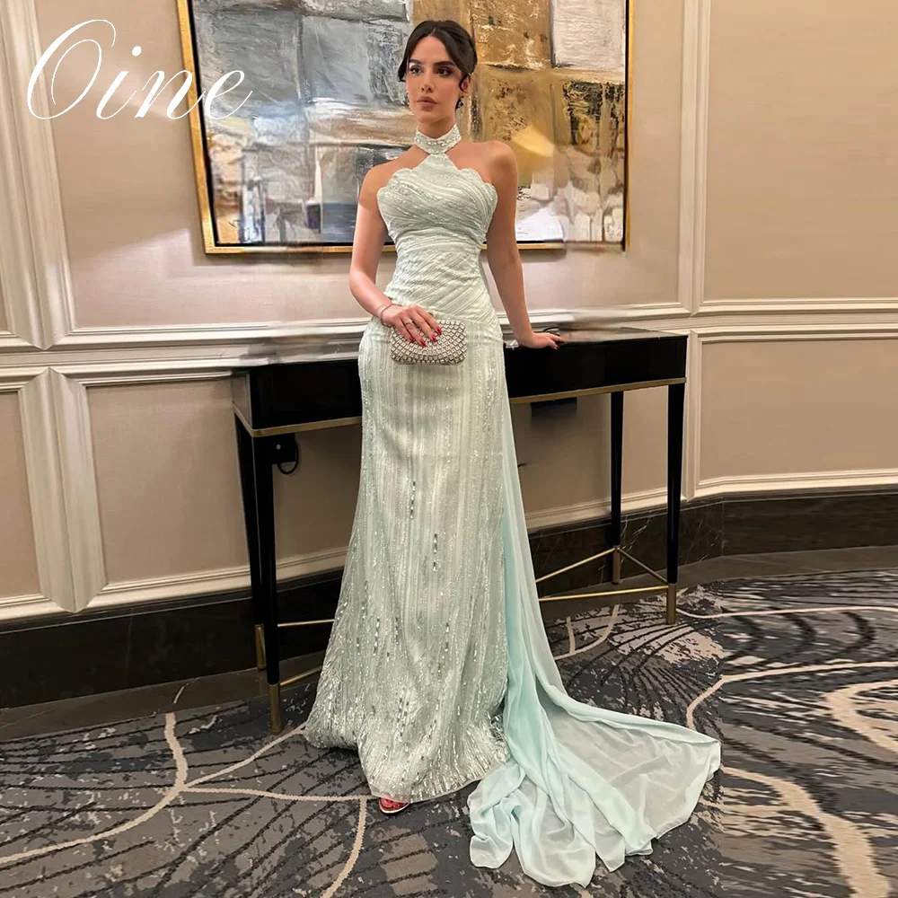 Oine Shining Mermaid-Abschlussballkleid mit Schal 2026, Neckholder, ärmellos, mit Pailletten besetzt, glitzernde Kristalle, formelles Partykleid, maßgeschneidert
