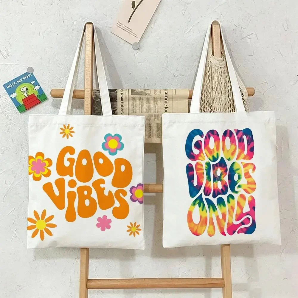 Ins Minimalist Good Vibes Only Storage Bags  Shopper Bags Handbags Canvas Shoulder Bags Woman Shopping Bags High Capacity